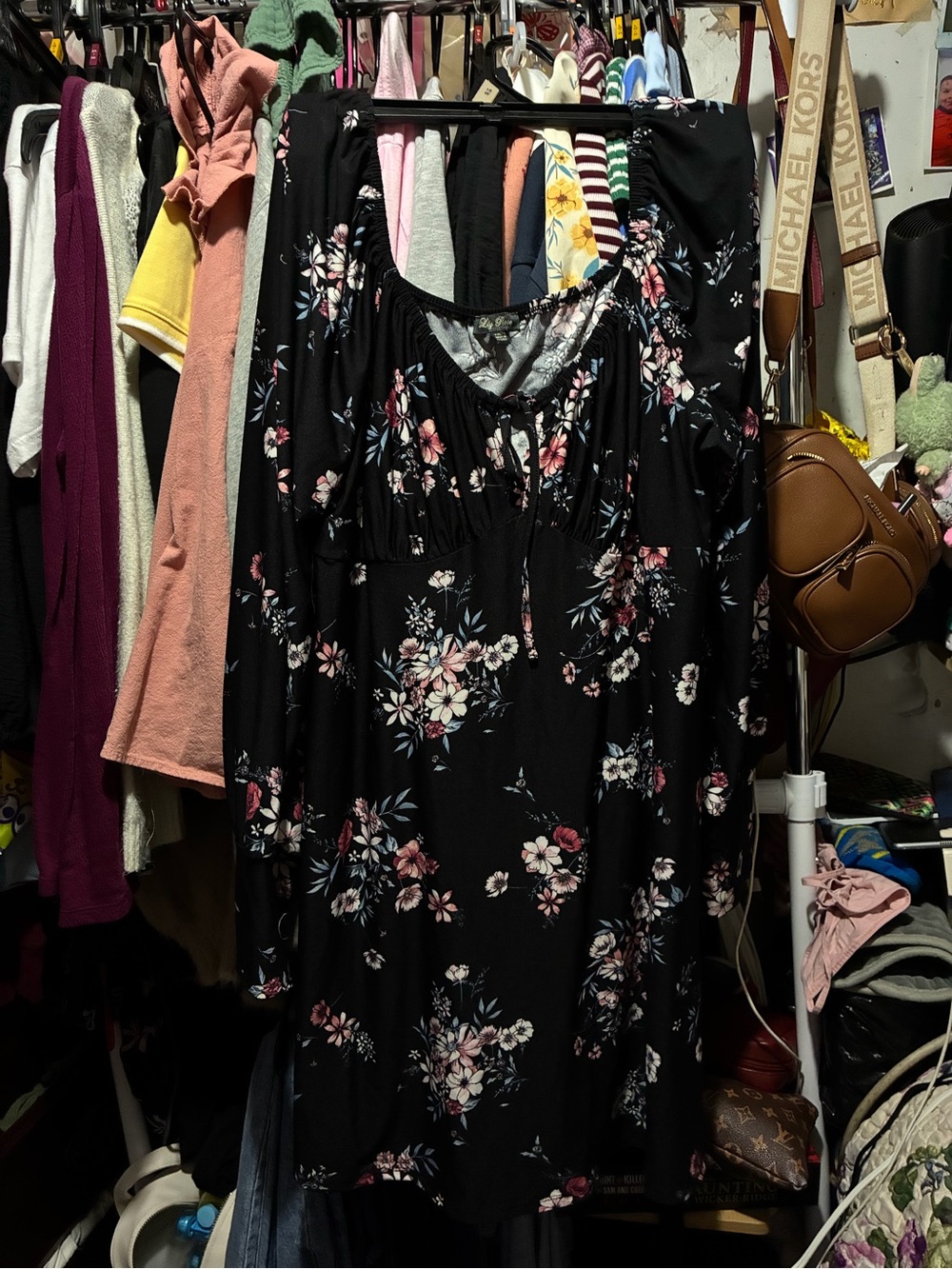 Lily Rose Black Long-Sleeve Floral Tie-Neck Dress